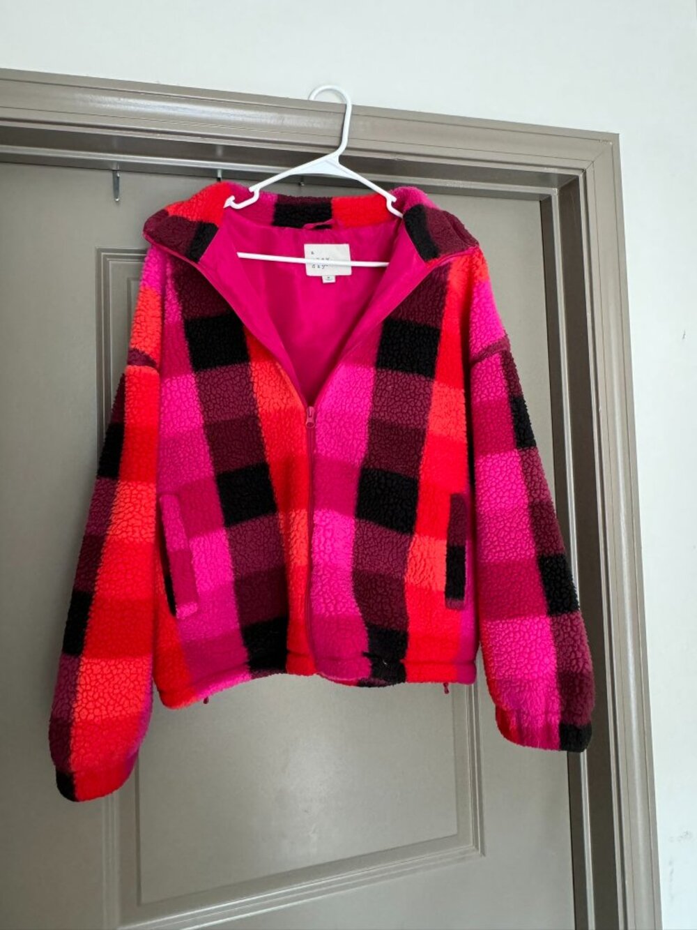 Pink Checkered Sherpa Zip Jacket | Size Medium